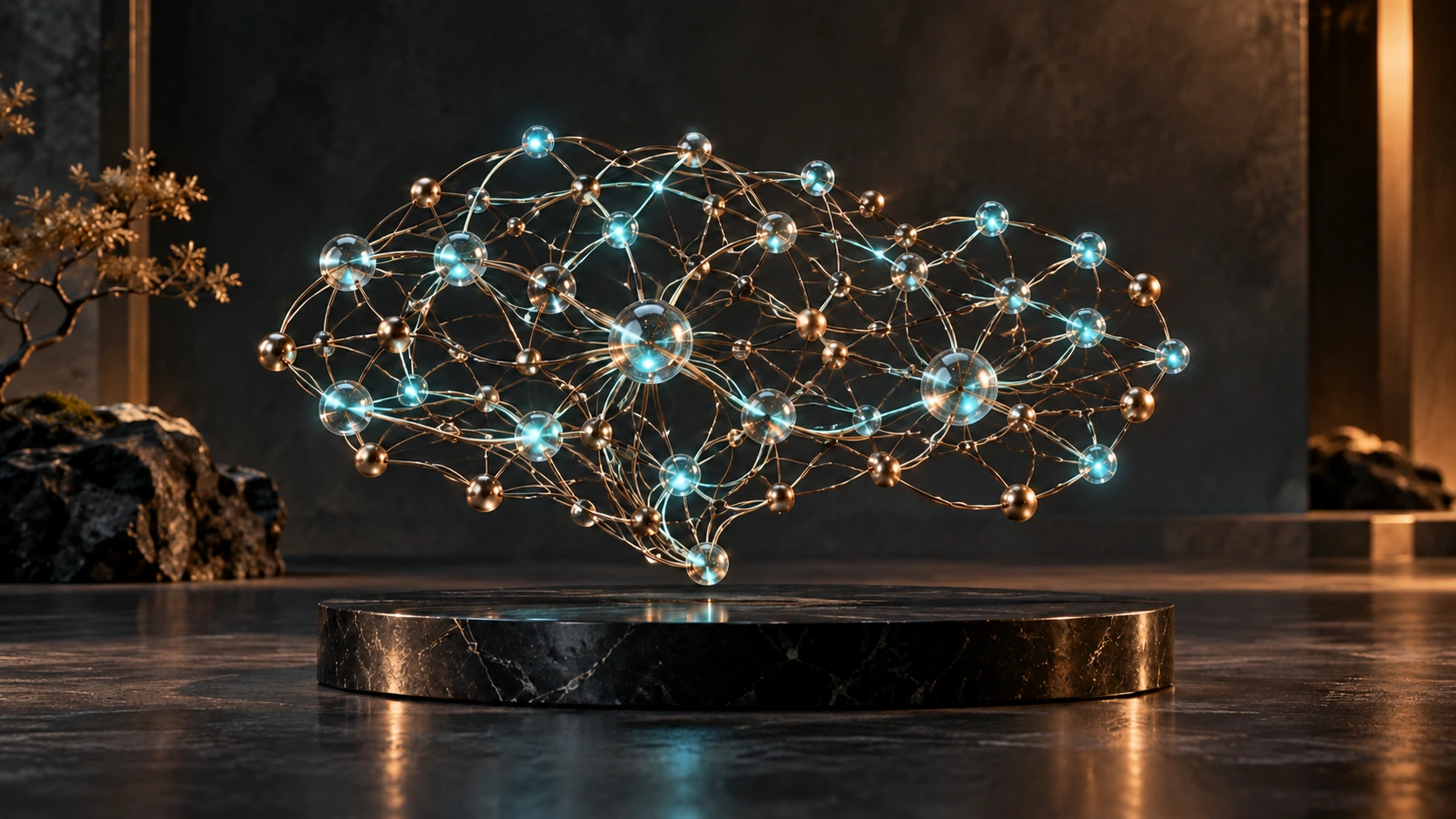 Offene Bronzeskulptur aus vernetzten, cyan leuchtenden Knoten in einem dunklen Studio